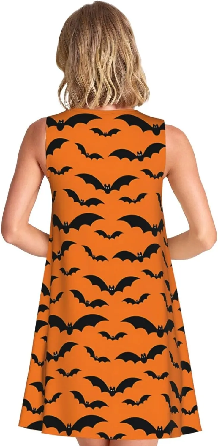 Halloween Spider Web Women's Sleeveless Dress Knee Length Dresses with Pockets Summer Shirt for Travel Office Beach