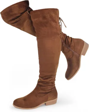 Hawkwell Women's Thigh High Fashion Boots Over The Knee Black Low Flat Heel Boots