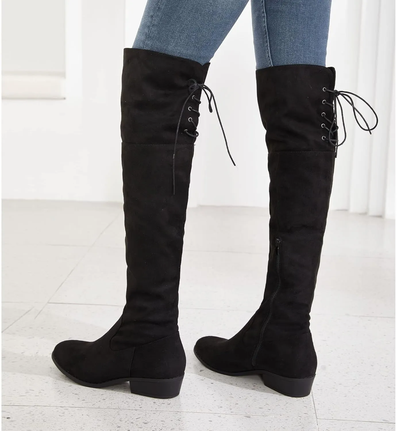Hawkwell Women's Thigh High Fashion Boots Over The Knee Black Low Flat Heel Boots