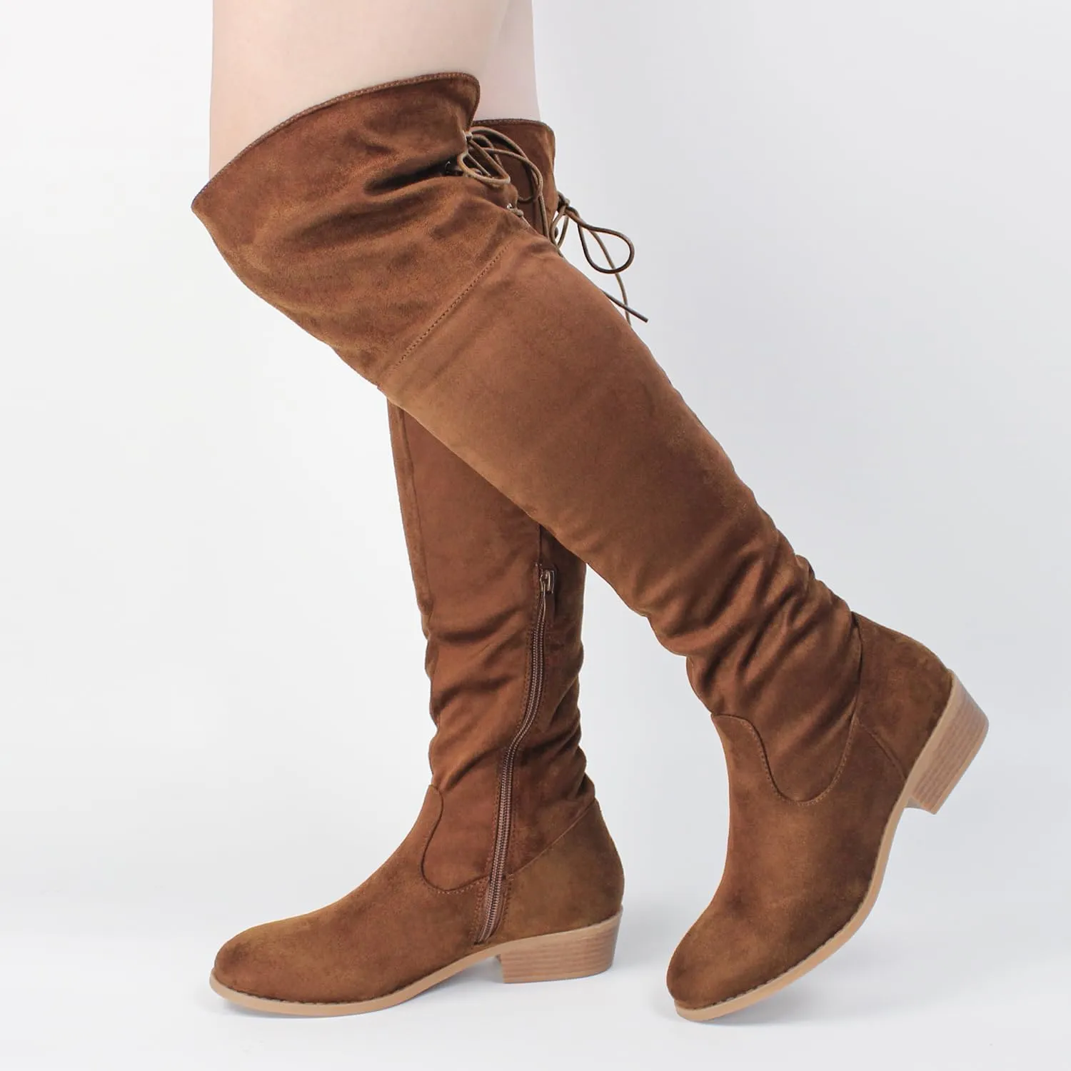 Hawkwell Women's Thigh High Fashion Boots Over The Knee Black Low Flat Heel Boots