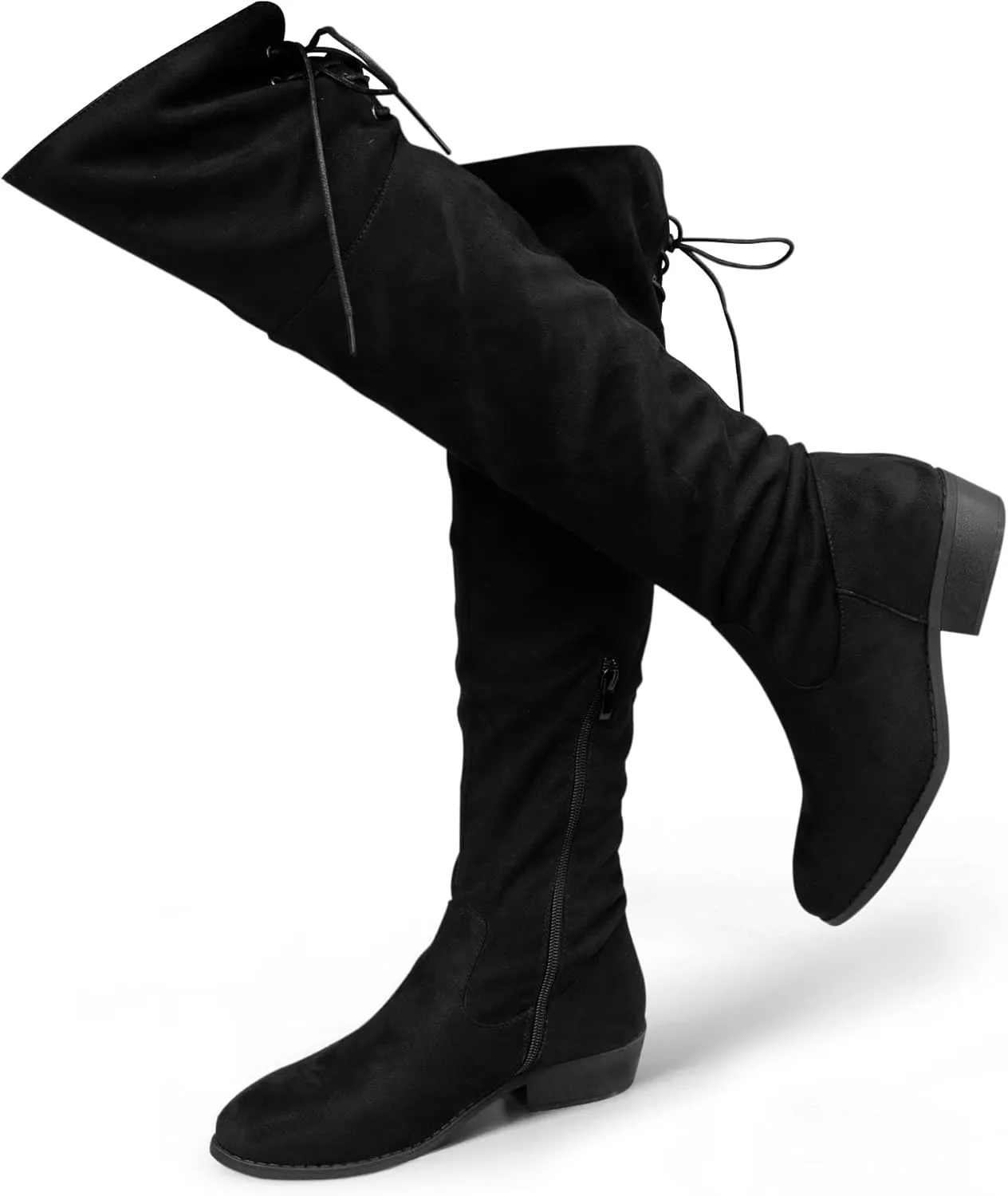 Hawkwell Women's Thigh High Fashion Boots Over The Knee Black Low Flat Heel Boots