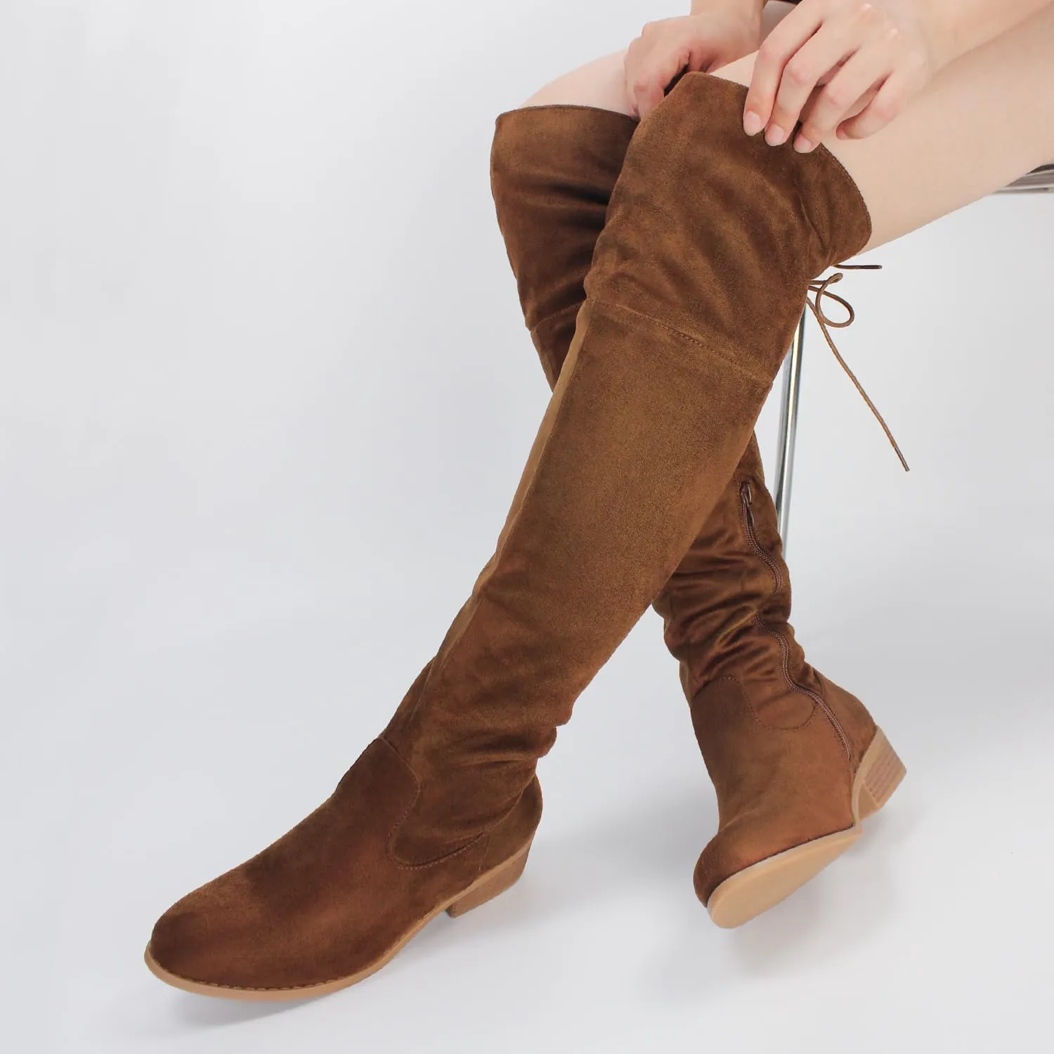 Hawkwell Women's Thigh High Fashion Boots Over The Knee Black Low Flat Heel Boots