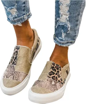 Hbeylia Platform Fashion Sneakers For Women Leopard Design Casual Low Top Canvas Shoes Trendy Chunky Bottom Heels Slip On Flats Loafers Driving Walking Shoes For Ladies