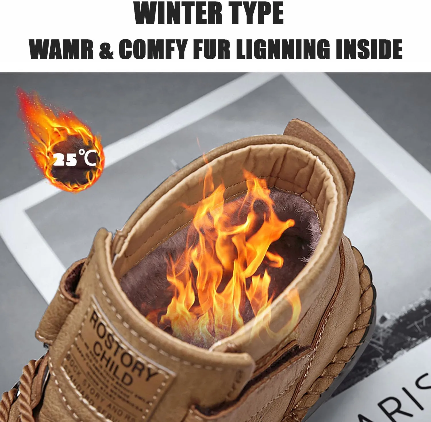 HESBITEUL Unisex Hiking Leather Boots Non-Slip Breathable Chukka with Fur Lining