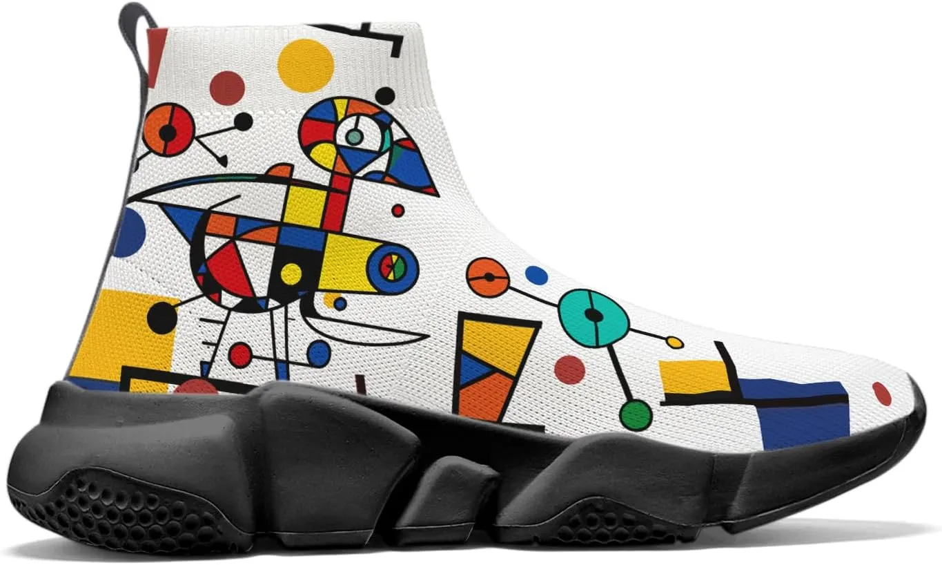 Hetios Men's Sock Shoes Mondrian Style Knit Slip On Sneakers Athletic Casual Graffiti Painted Shoes