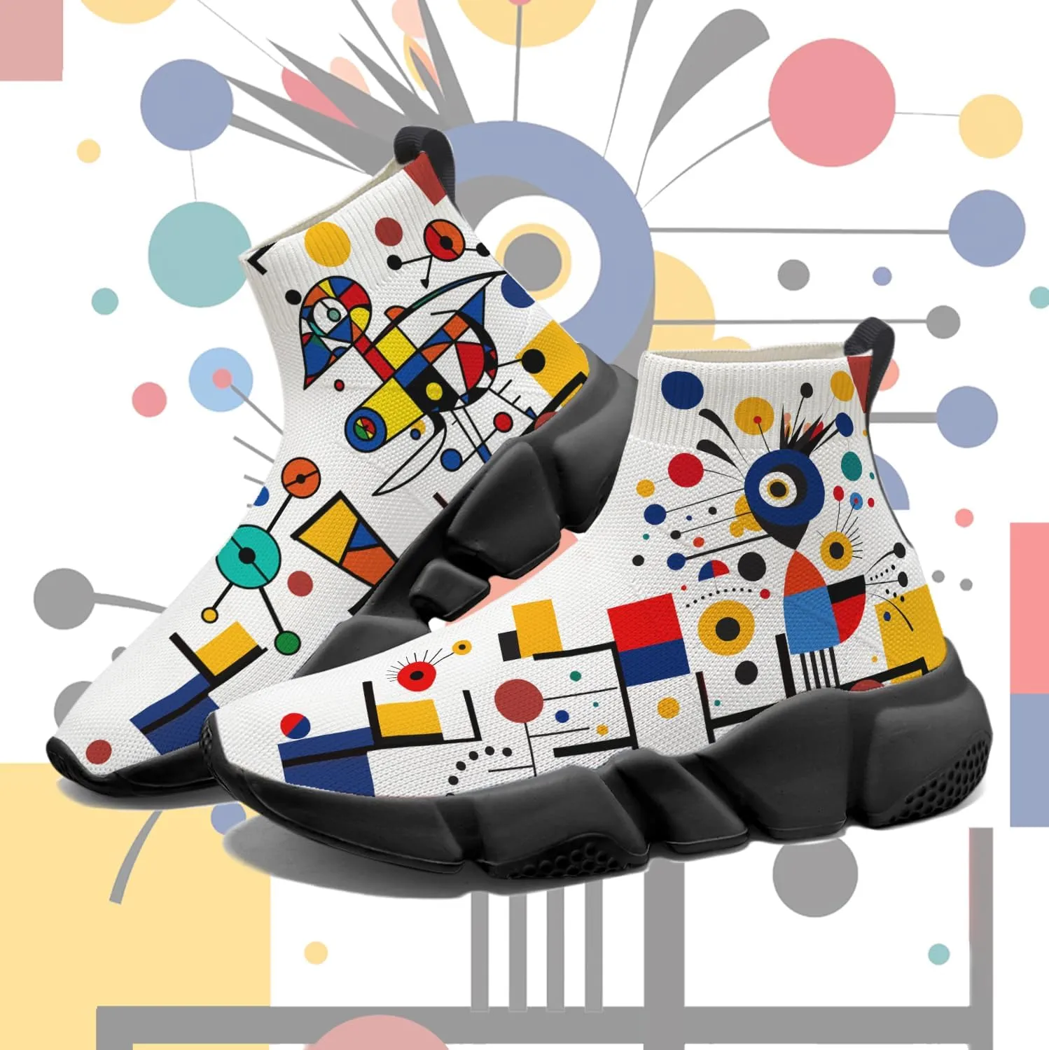 Hetios Men's Sock Shoes Mondrian Style Knit Slip On Sneakers Athletic Casual Graffiti Painted Shoes