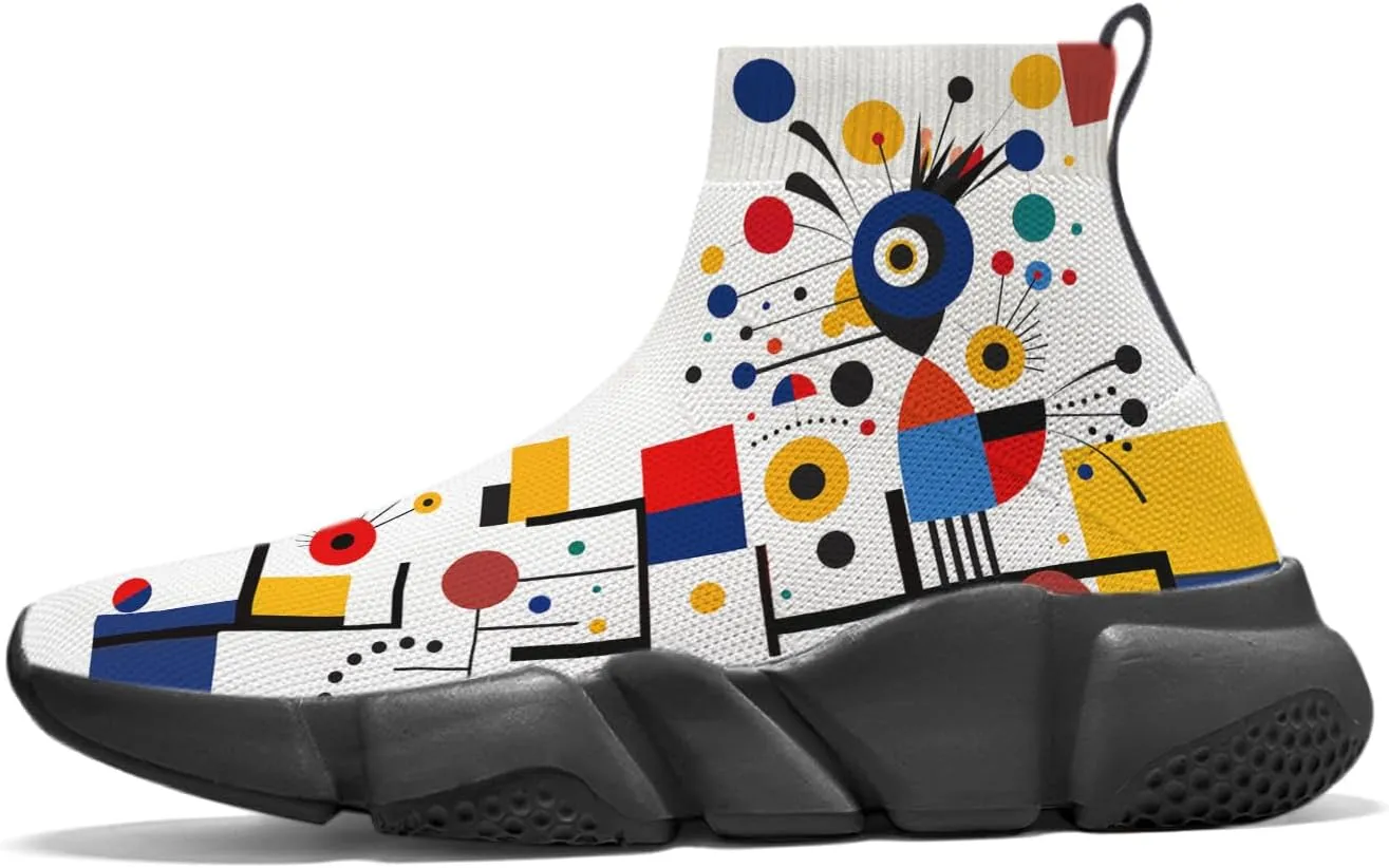 Hetios Men's Sock Shoes Mondrian Style Knit Slip On Sneakers Athletic Casual Graffiti Painted Shoes
