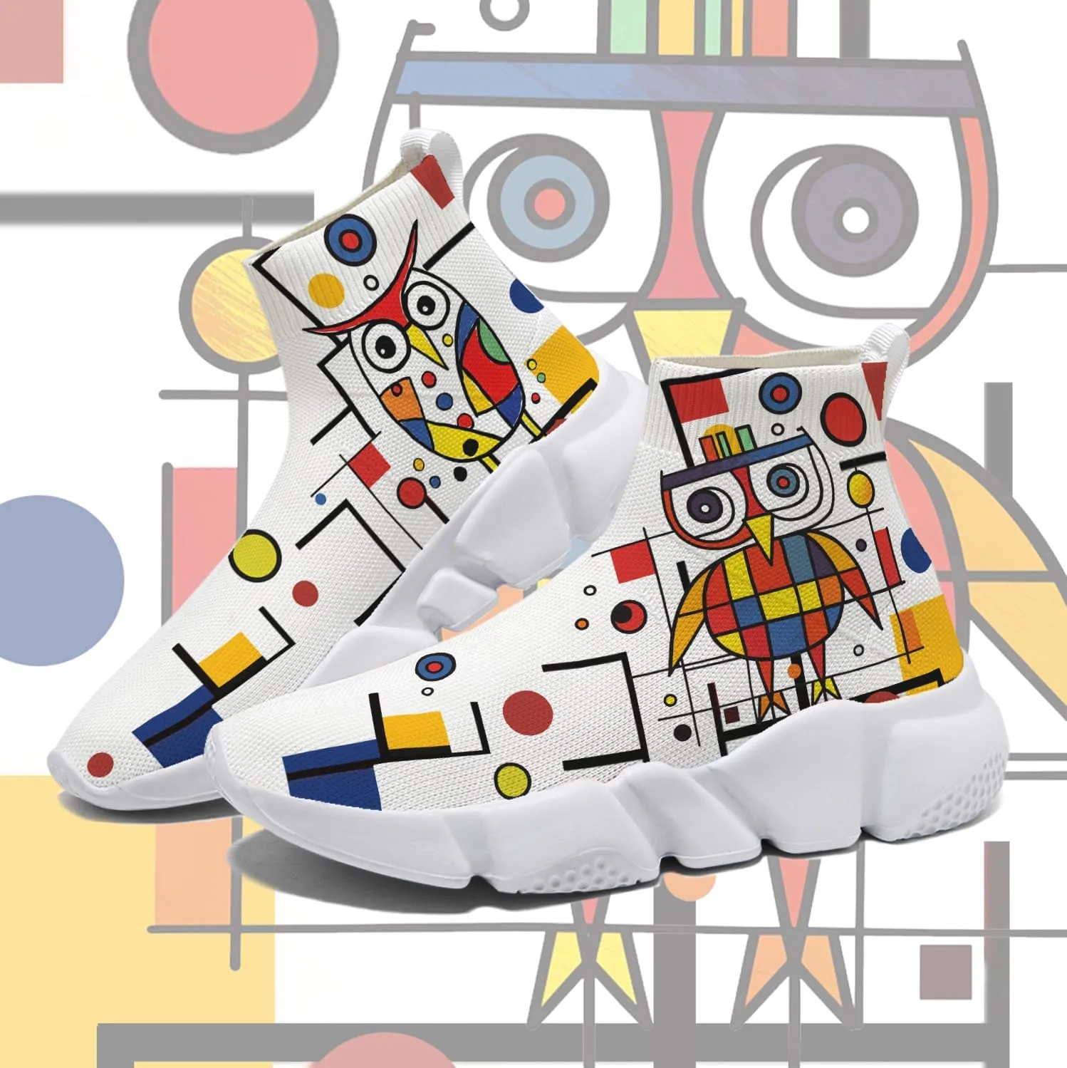 Hetios Men's Sock Shoes Mondrian Style Knit Slip On Sneakers Athletic Casual Graffiti Painted Shoes