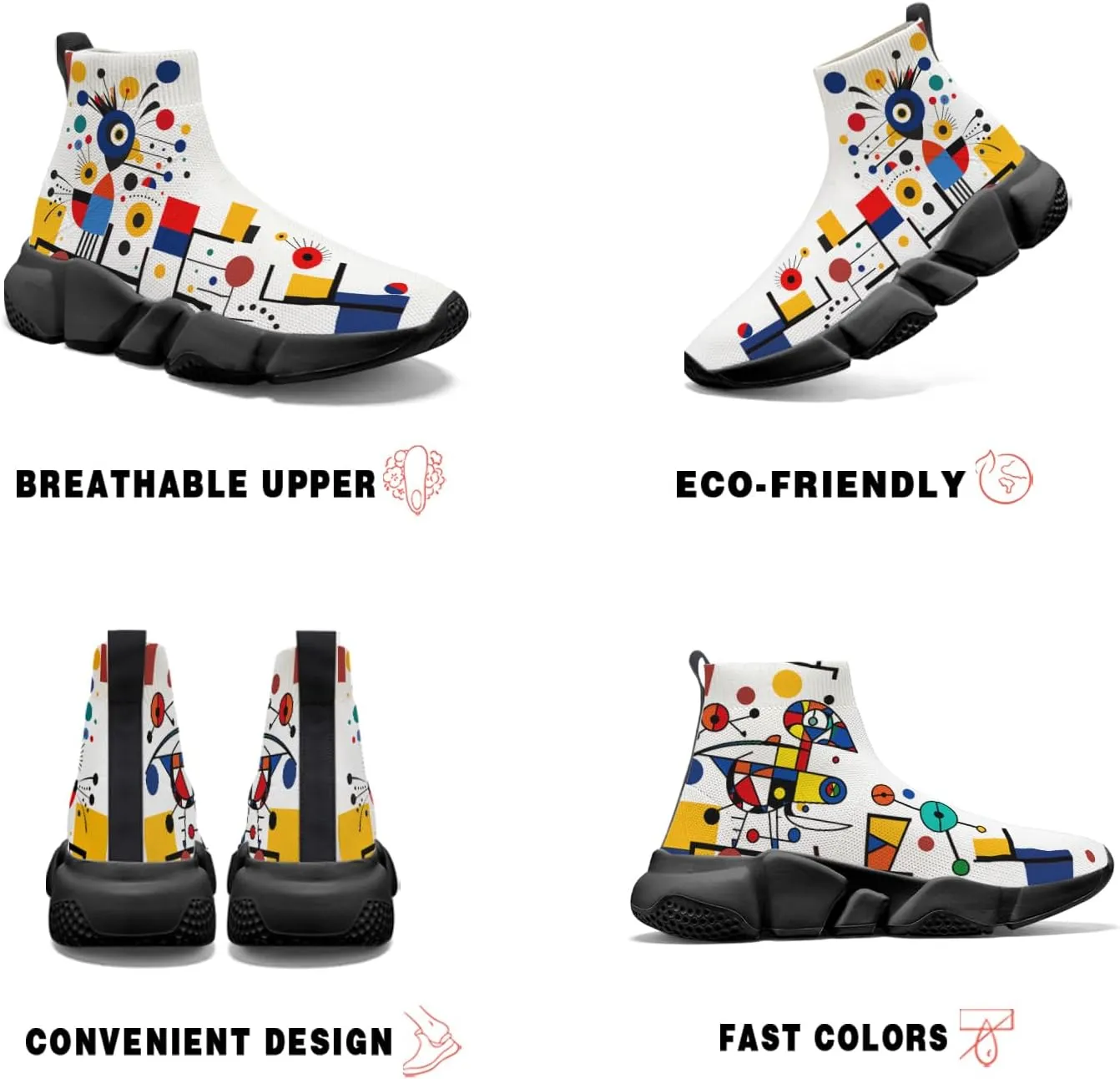 Hetios Men's Sock Shoes Mondrian Style Knit Slip On Sneakers Athletic Casual Graffiti Painted Shoes