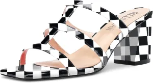 HEUIVZAR Women Chunky Block Mid Heel Peep Open Toe Mules Slip-on Slingback Party Gladiator 2.6 Inches Heels