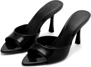 High Heel Mules for Women Slip On Open Pointed Toe Classy Patent Leather Stiletto Pumps Formal Slingback Mule Sandals Dress Walking Shoes