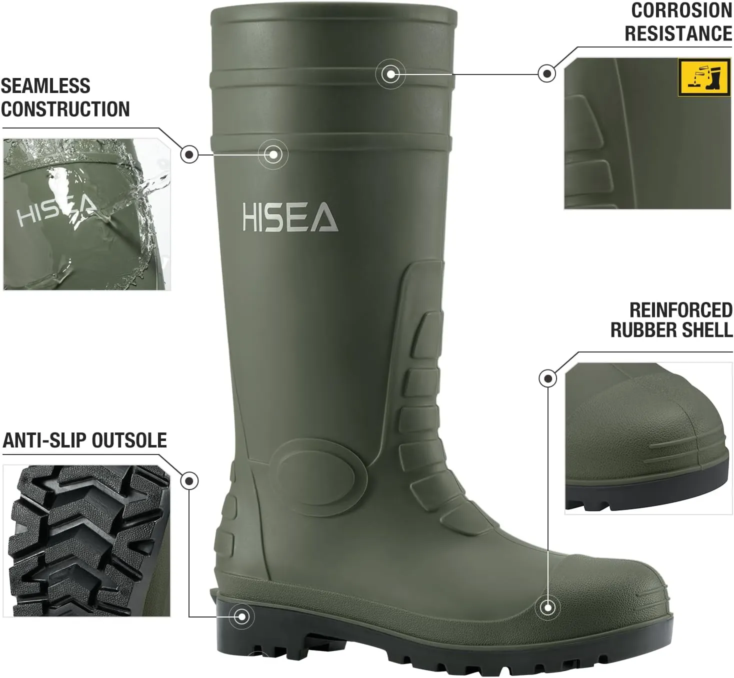 HISEA Men's Rain Boots with Steel Shank, Waterproof Rubber Boots Protective Footwear Seamless PVC Rainboots Outdoor Work Boots Durable Garden Fishing Tall Knee Boot for Agriculture and Industrial Working