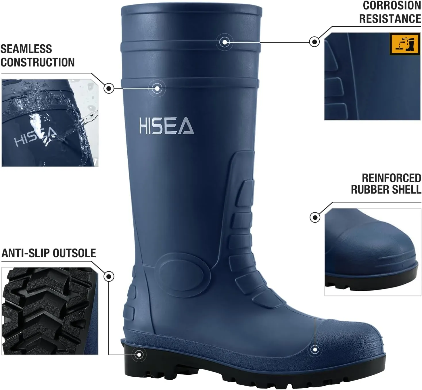 HISEA Men's Rain Boots with Steel Shank, Waterproof Rubber Boots Protective Footwear Seamless PVC Rainboots Outdoor Work Boots Durable Garden Fishing Tall Knee Boot for Agriculture and Industrial Working