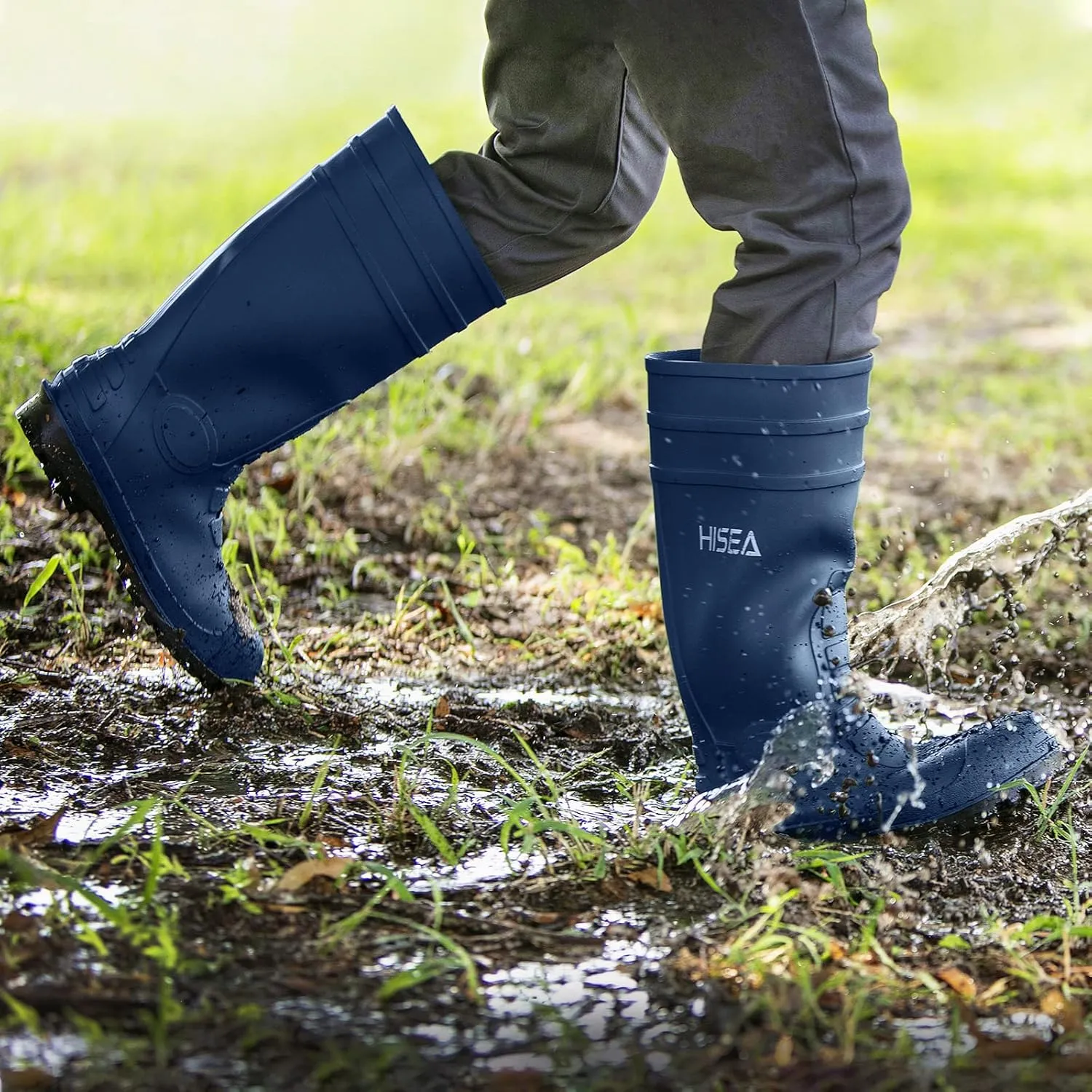 HISEA Men's Rain Boots with Steel Shank, Waterproof Rubber Boots Protective Footwear Seamless PVC Rainboots Outdoor Work Boots Durable Garden Fishing Tall Knee Boot for Agriculture and Industrial Working