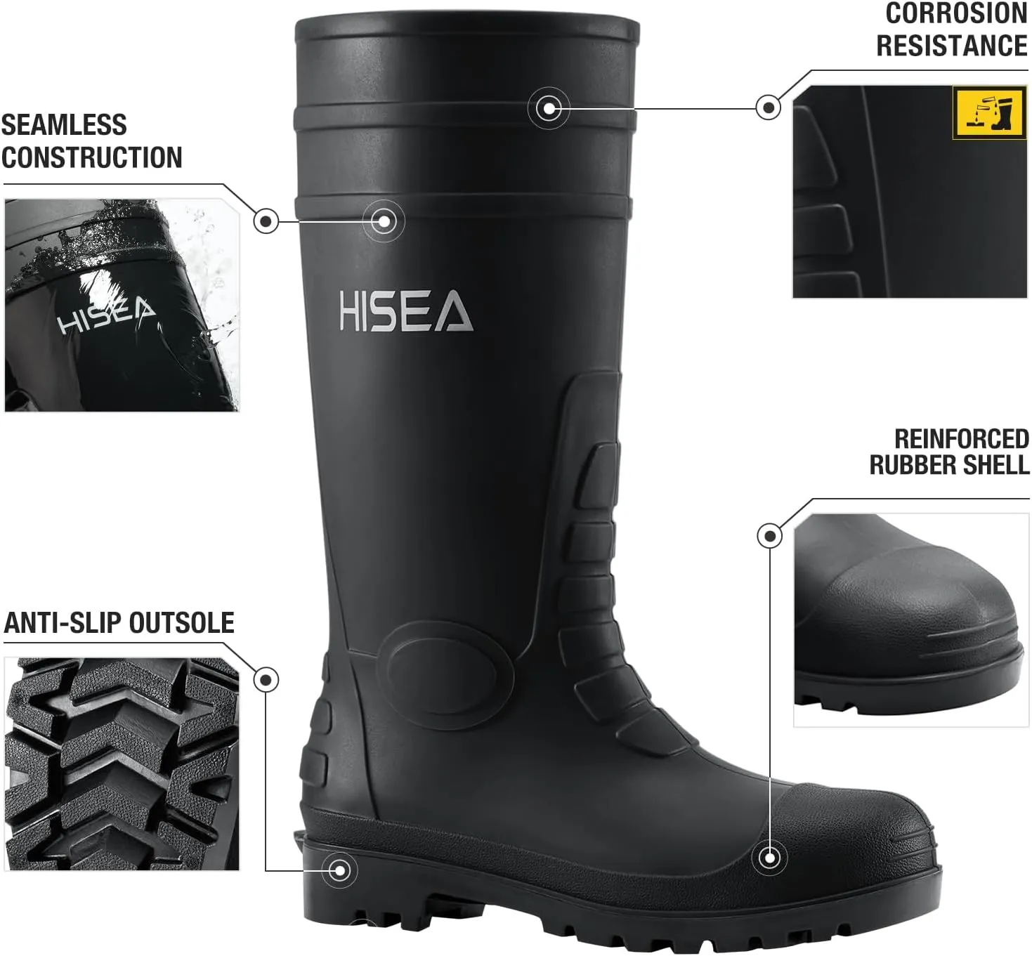 HISEA Men's Rain Boots with Steel Shank, Waterproof Rubber Boots Protective Footwear Seamless PVC Rainboots Outdoor Work Boots Durable Garden Fishing Tall Knee Boot for Agriculture and Industrial Working