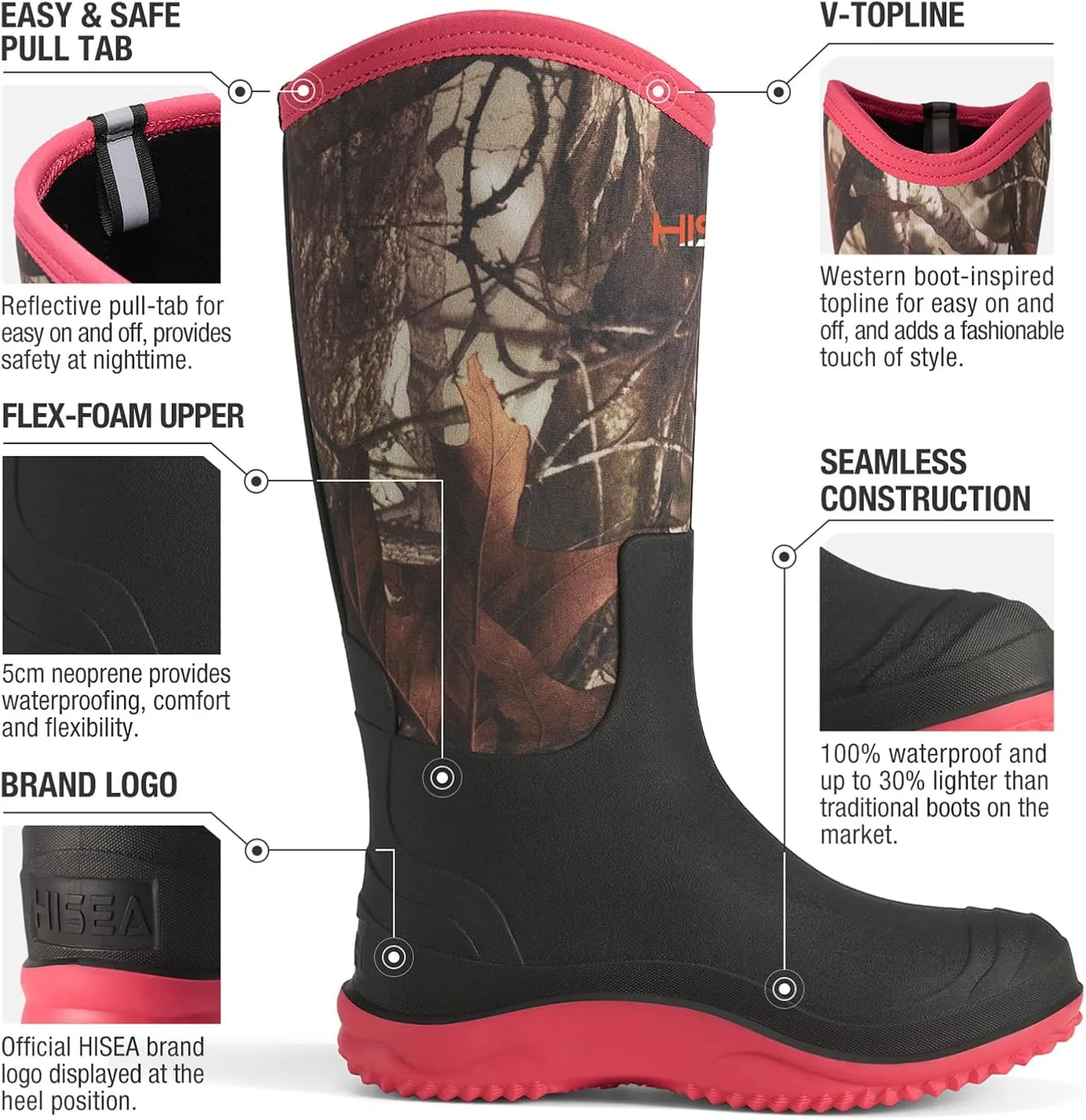 HISEA Muck Boots - Waterproof Tall Garden Boots, Insulated Neoprene Rubber for Outdoor Activities: Hunting, Gardening, Farming, Muddy Yard Work, Sizes US Women 6-11