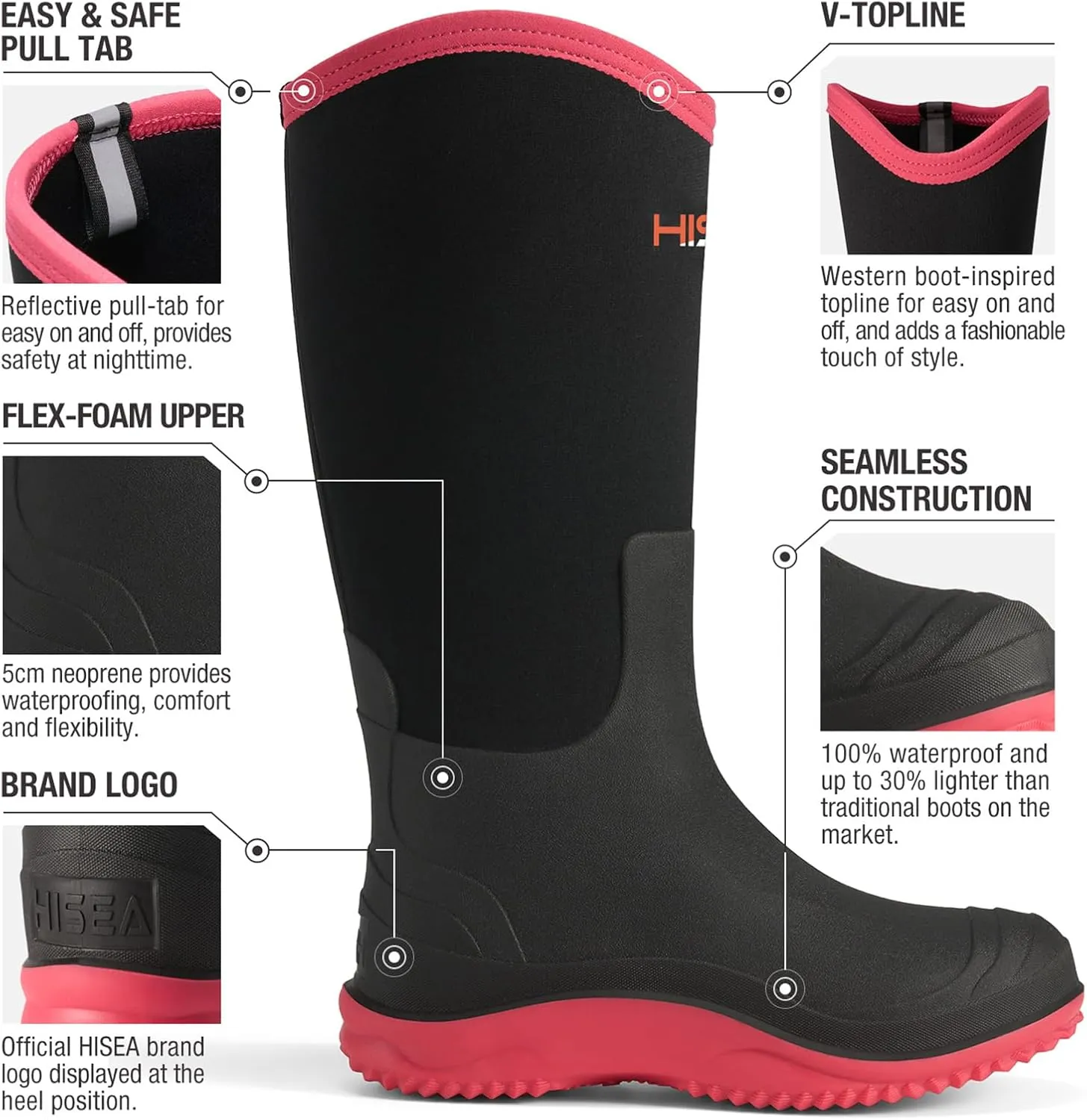 HISEA Muck Boots - Waterproof Tall Garden Boots, Insulated Neoprene Rubber for Outdoor Activities: Hunting, Gardening, Farming, Muddy Yard Work, Sizes US Women 6-11