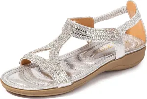 HNGHOU Sandals for Women Flats Shoes with Bohemian Rhinestone Comfortable Womens Beach Sandal Elastic Ankle Strap Slip On Summer Sandal