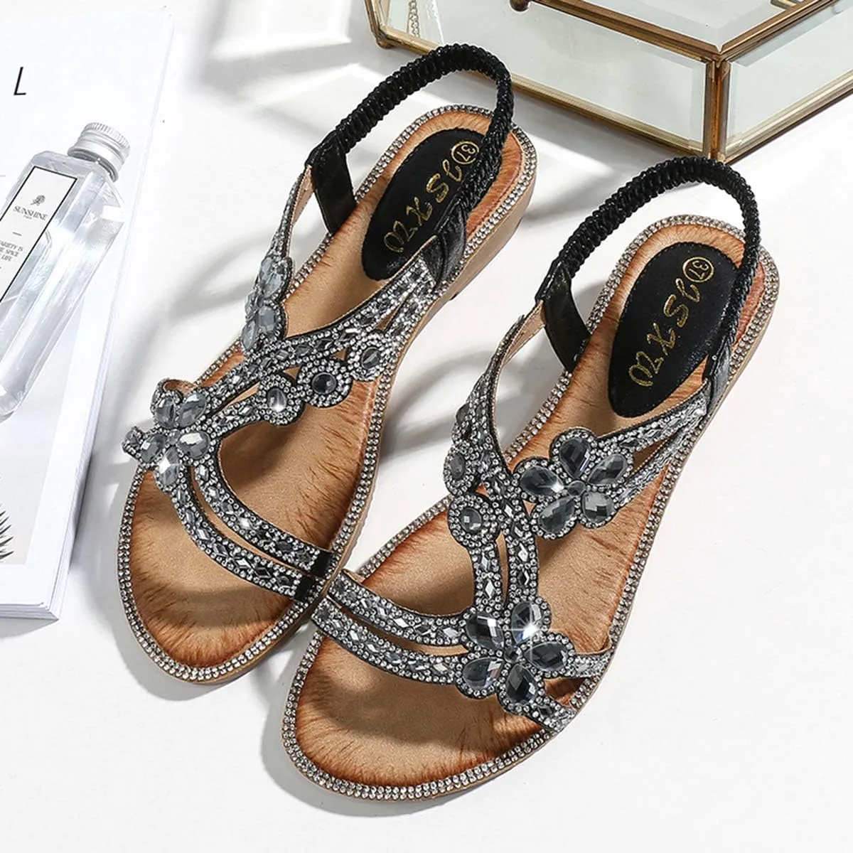 HNGHOU Womens Summer Sandals Comfort Flats Shoes Casual Open Toe Ankle Crystal Bohemia Beach sandals