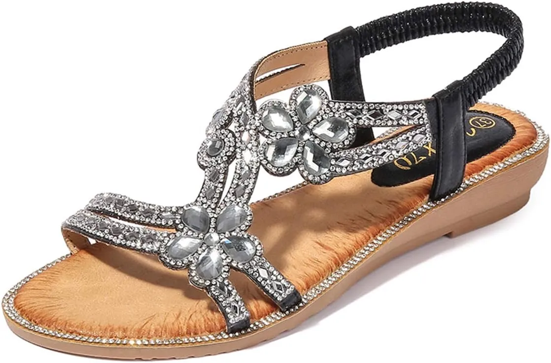 HNGHOU Womens Summer Sandals Comfort Flats Shoes Casual Open Toe Ankle Crystal Bohemia Beach sandals