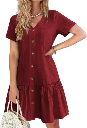 HOTOUCH Women Button Down Dress Loose Summer Cotton Linen Dress Ruffle Hem Casual Dress Short Sleeve Tunic Dress