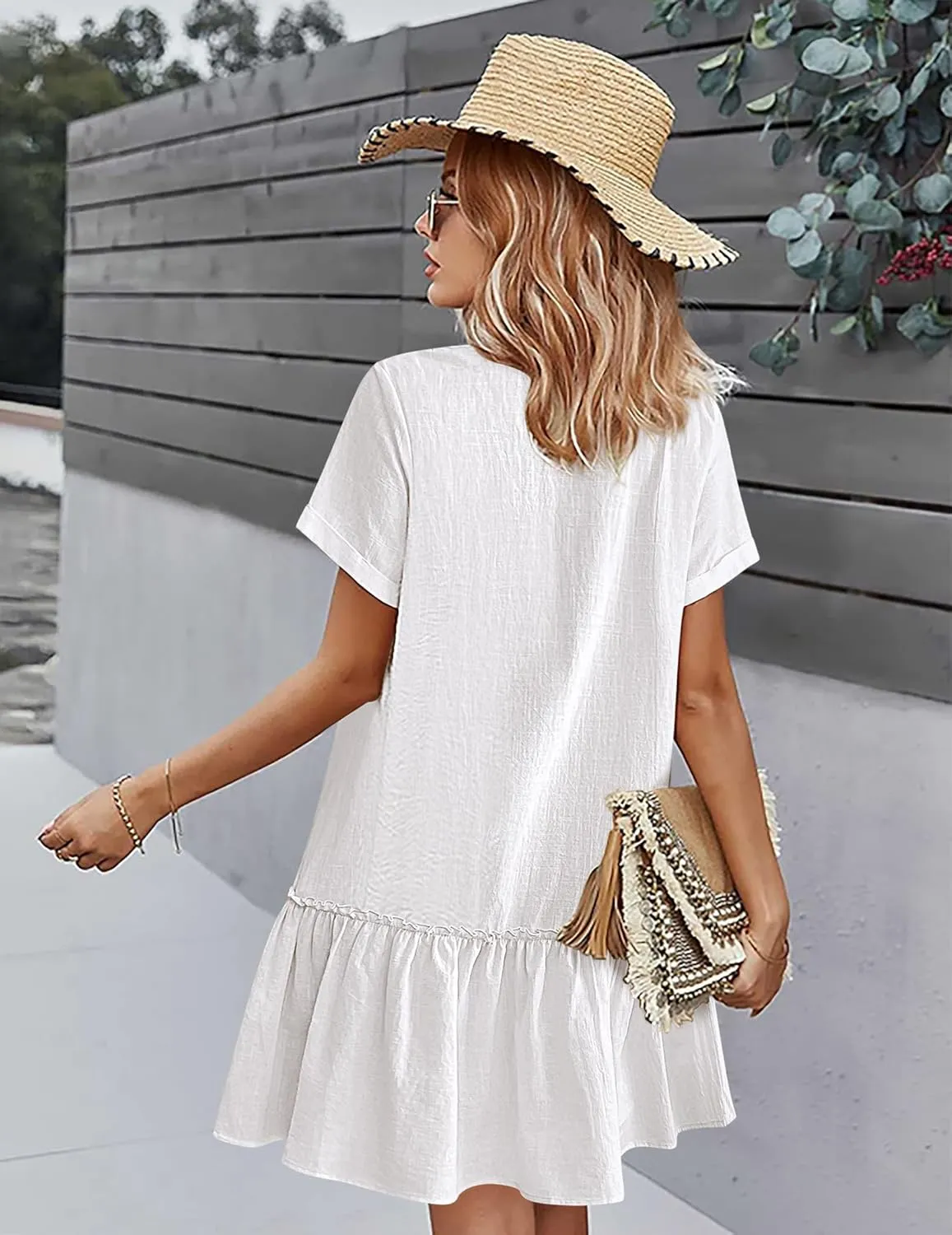 HOTOUCH Women Button Down Dress Loose Summer Cotton Linen Dress Ruffle Hem Casual Dress Short Sleeve Tunic Dress