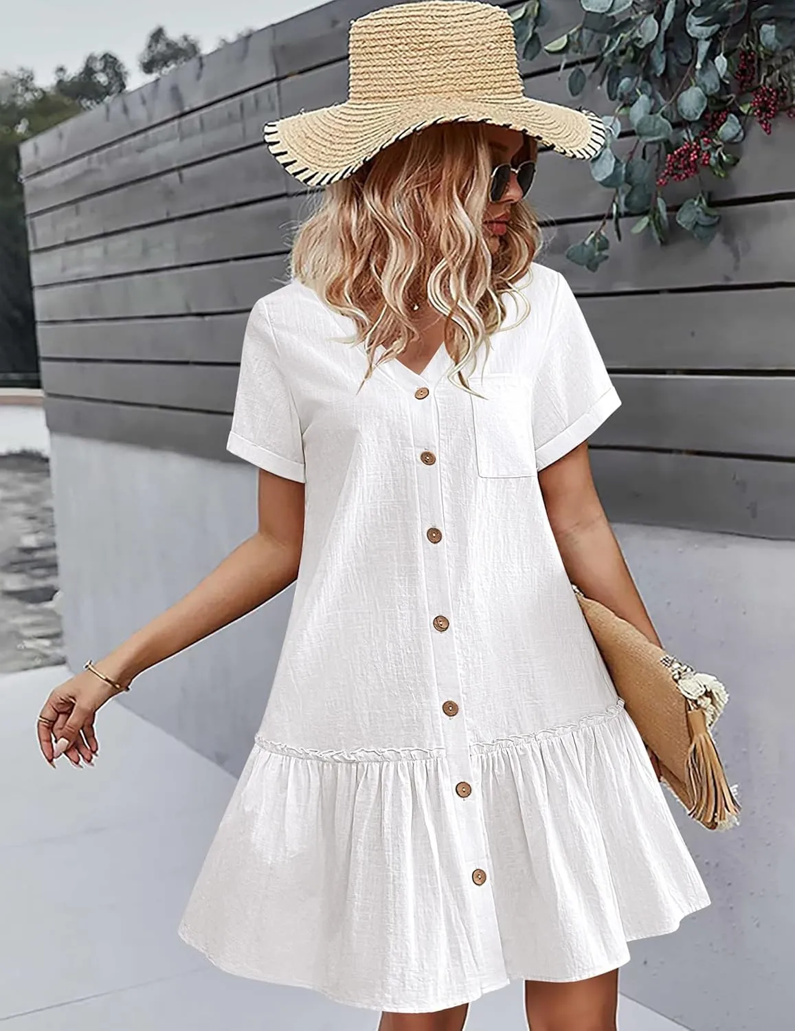 HOTOUCH Women Button Down Dress Loose Summer Cotton Linen Dress Ruffle Hem Casual Dress Short Sleeve Tunic Dress