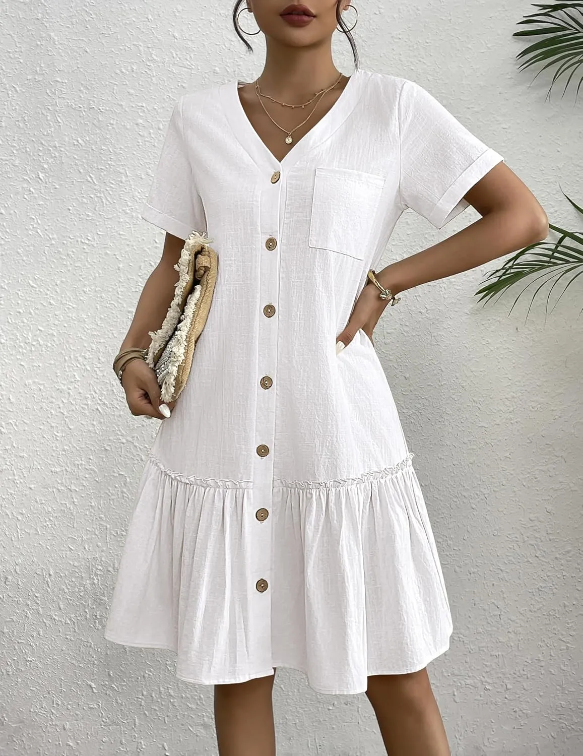 HOTOUCH Women Button Down Dress Loose Summer Cotton Linen Dress Ruffle Hem Casual Dress Short Sleeve Tunic Dress