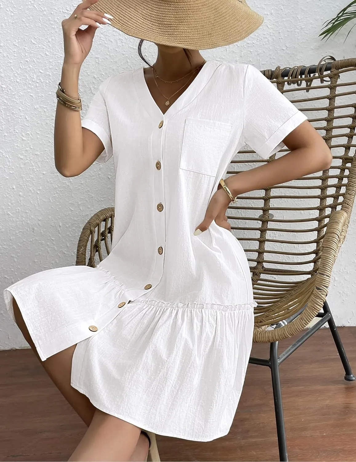 HOTOUCH Women Button Down Dress Loose Summer Cotton Linen Dress Ruffle Hem Casual Dress Short Sleeve Tunic Dress