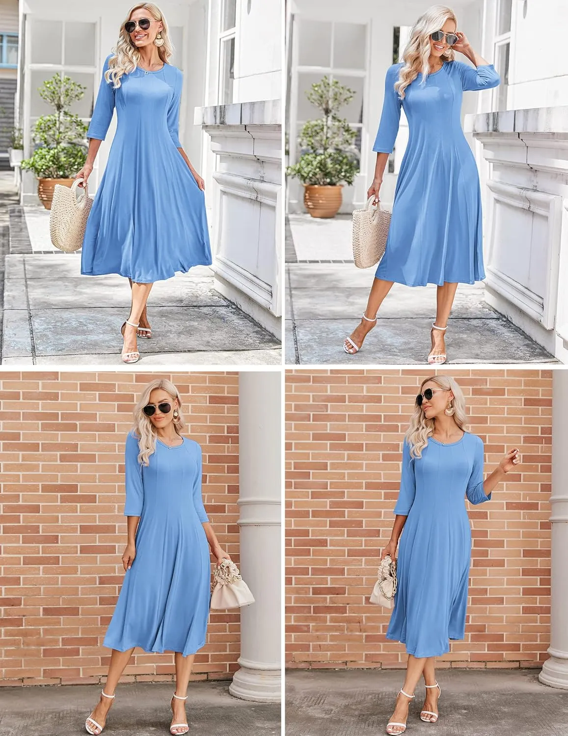 HOTOUCH Women's 3/4 Sleeve A-line and Flare Midi Long Dress