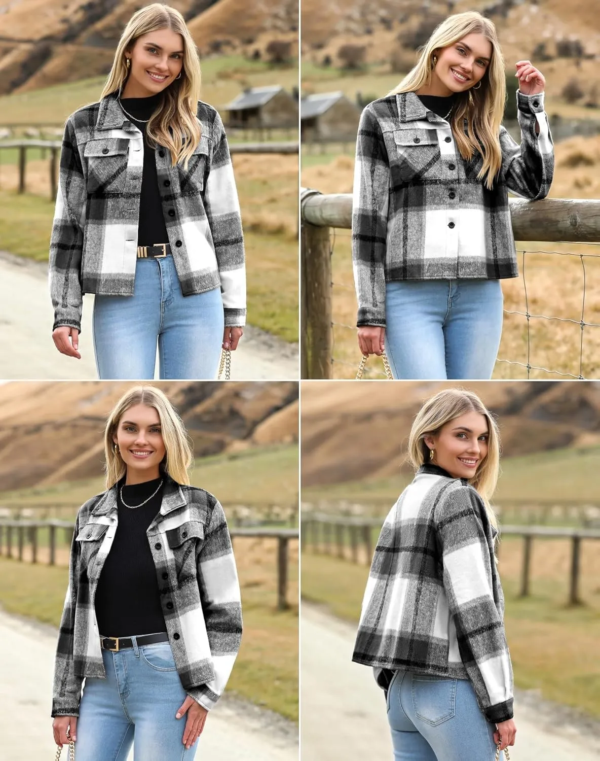 HOTOUCH Womens Flannels Fall Cropped Shacket Plaid Jacket Long Sleeve Button Down Coat 2024 Fall Fashion Trendy Outfits