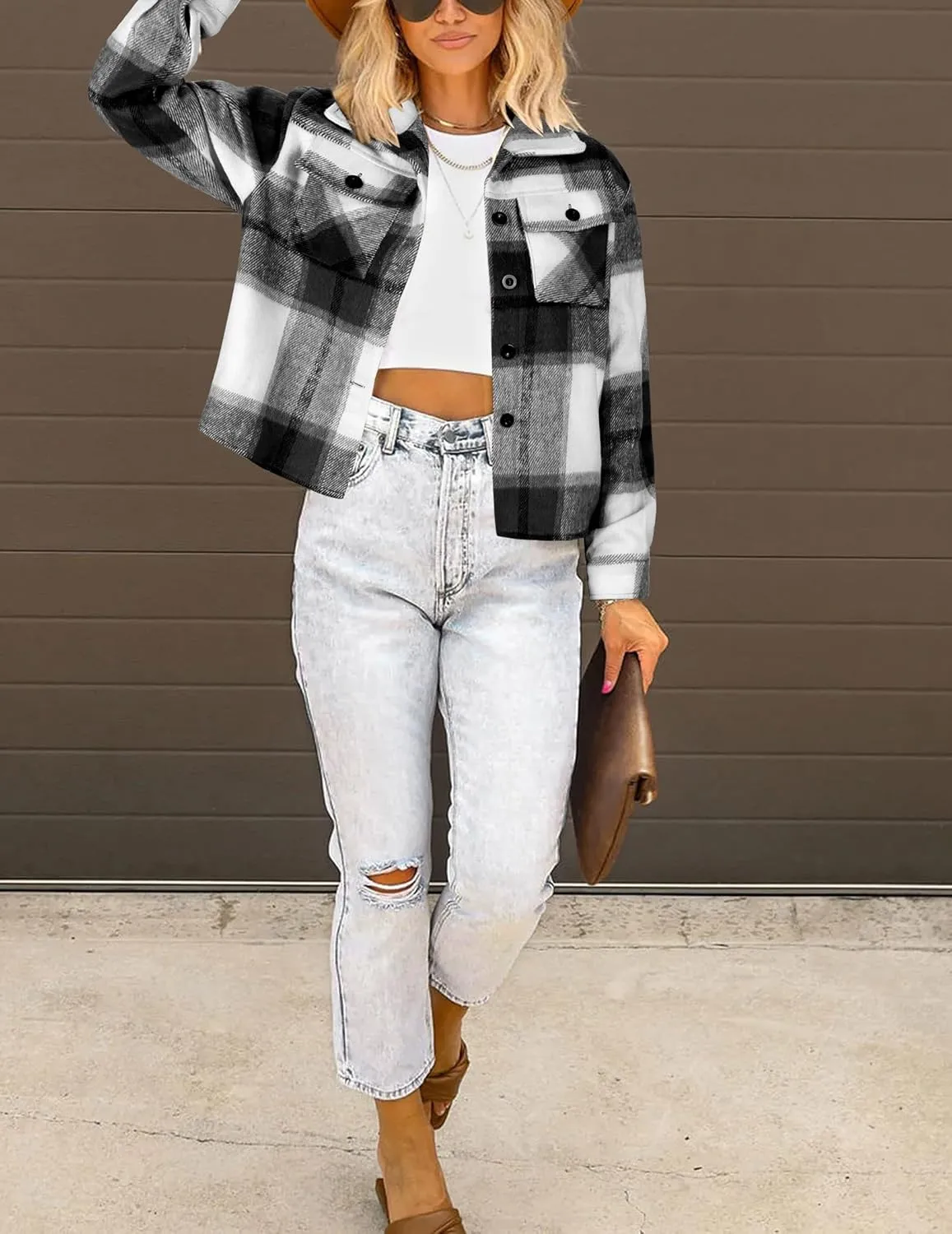 HOTOUCH Womens Flannels Fall Cropped Shacket Plaid Jacket Long Sleeve Button Down Coat 2024 Fall Fashion Trendy Outfits
