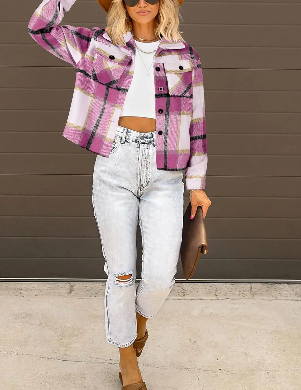 HOTOUCH Womens Flannels Fall Cropped Shacket Plaid Jacket Long Sleeve Button Down Coat 2024 Fall Fashion Trendy Outfits