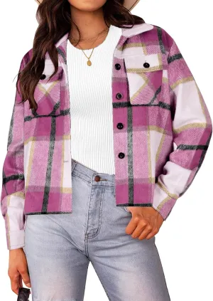 HOTOUCH Womens Flannels Fall Cropped Shacket Plaid Jacket Long Sleeve Button Down Coat 2024 Fall Fashion Trendy Outfits