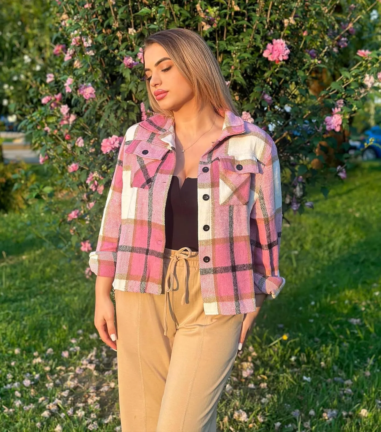 HOTOUCH Womens Flannels Fall Cropped Shacket Plaid Jacket Long Sleeve Button Down Coat 2024 Fall Fashion Trendy Outfits