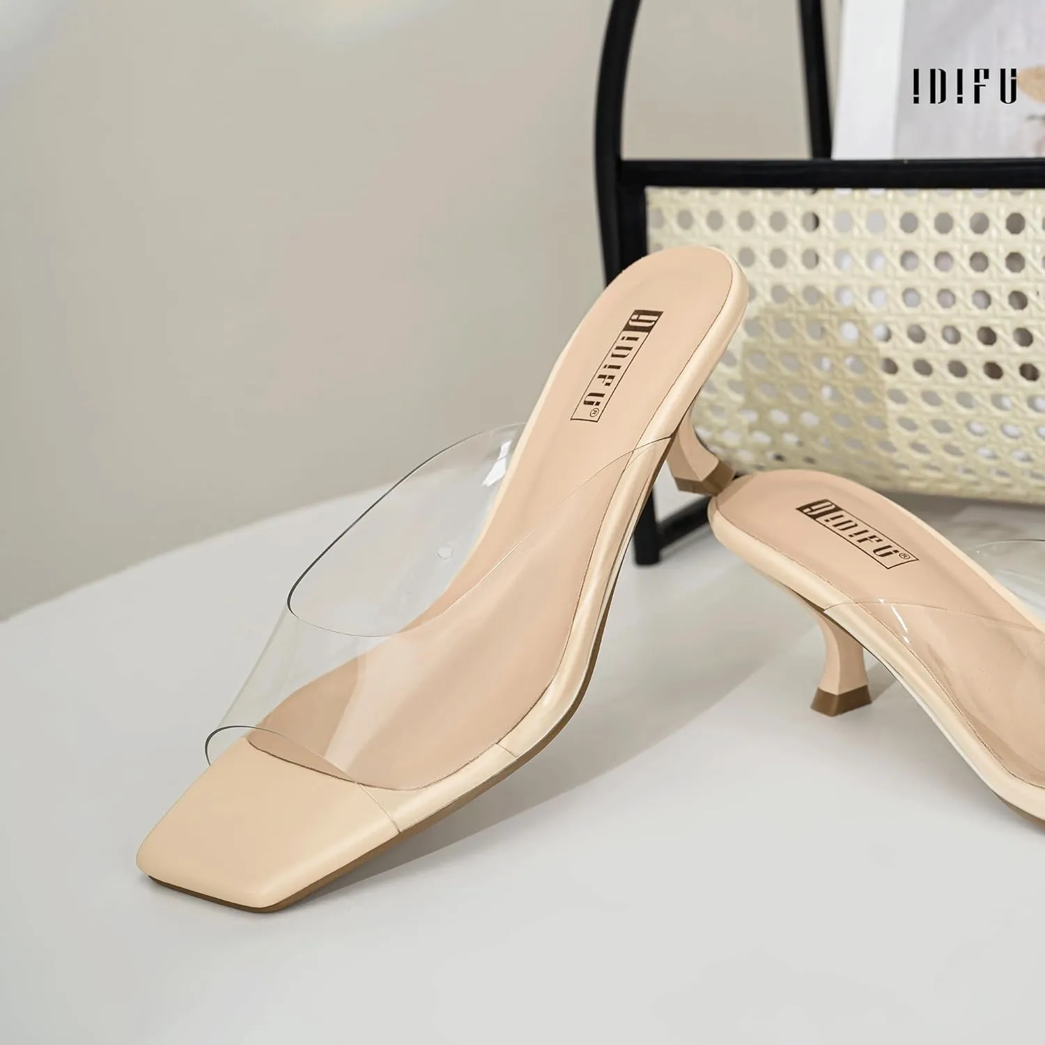 IDIFU IN2 Women's Kitten Heels Open Square Toe Low Heels Sexy Slip On Slide Heeled Sandals Comfortable Wedding Bridal Party Prom Dress Sandals Office Casual Summer Short Mule Heels