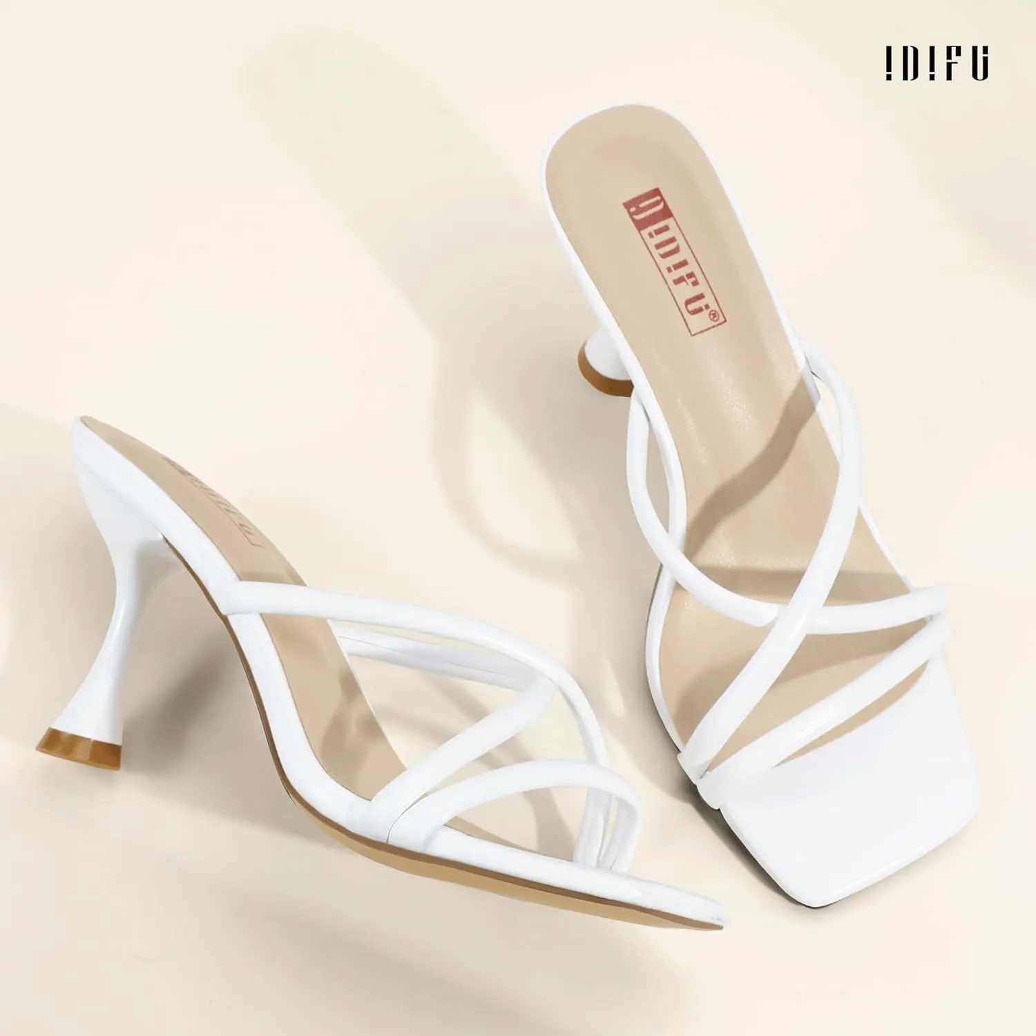 IDIFU IN3 Strappy Stiletto Kitten Heels Square Open Toe Heeled Sandals Comfortable Dressy Wedding Bridal Bride Prom Party Dress Shoes for Women Fashion Cute Casual Sexy Slides Slip on Mules Heels