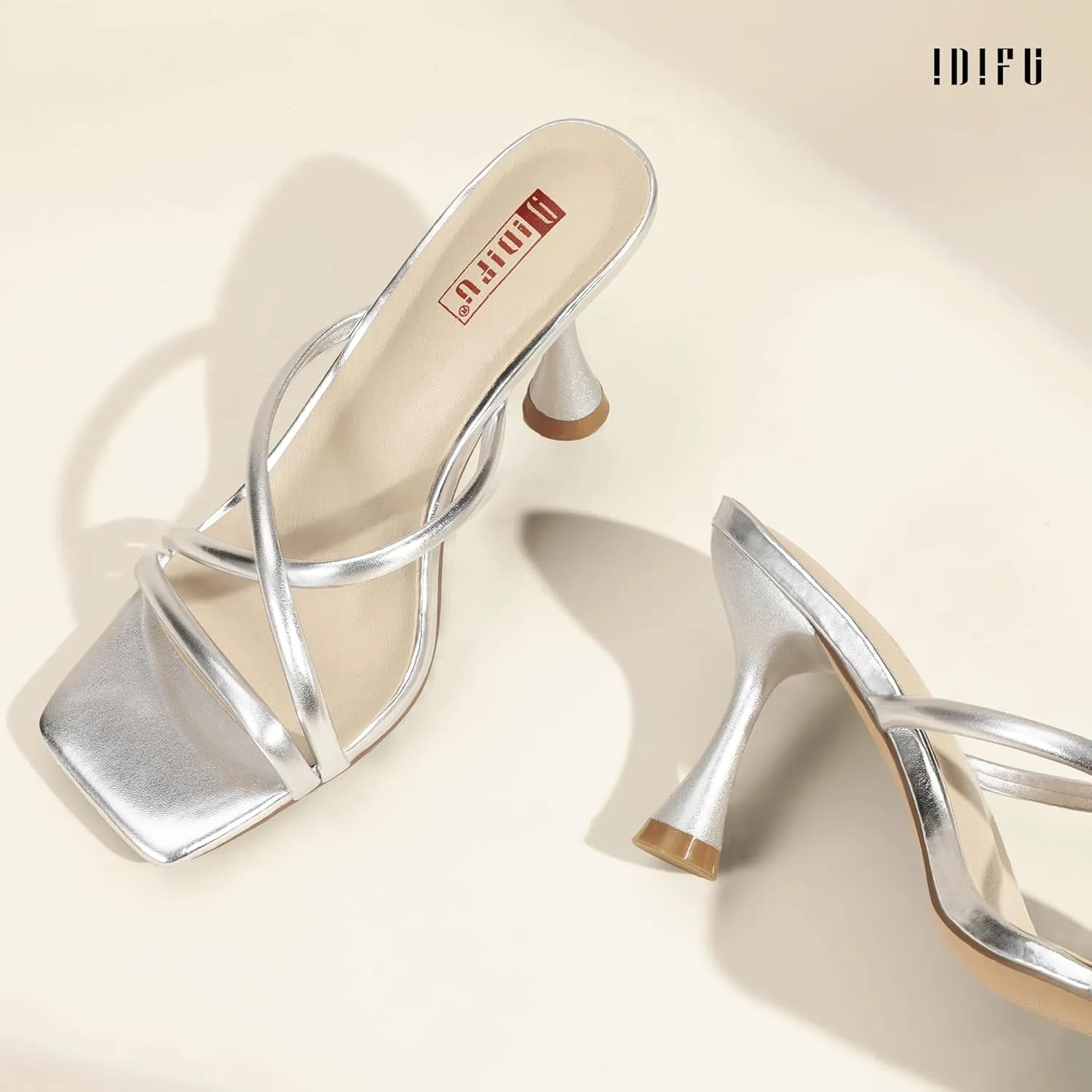 IDIFU IN3 Strappy Stiletto Kitten Heels Square Open Toe Heeled Sandals Comfortable Dressy Wedding Bridal Bride Prom Party Dress Shoes for Women Fashion Cute Casual Sexy Slides Slip on Mules Heels
