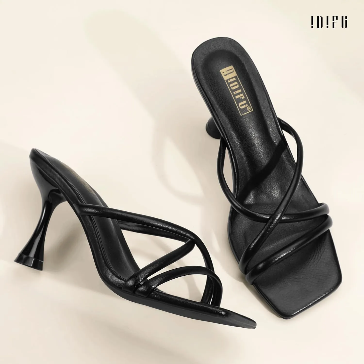 IDIFU IN3 Strappy Stiletto Kitten Heels Square Open Toe Heeled Sandals Comfortable Dressy Wedding Bridal Bride Prom Party Dress Shoes for Women Fashion Cute Casual Sexy Slides Slip on Mules Heels