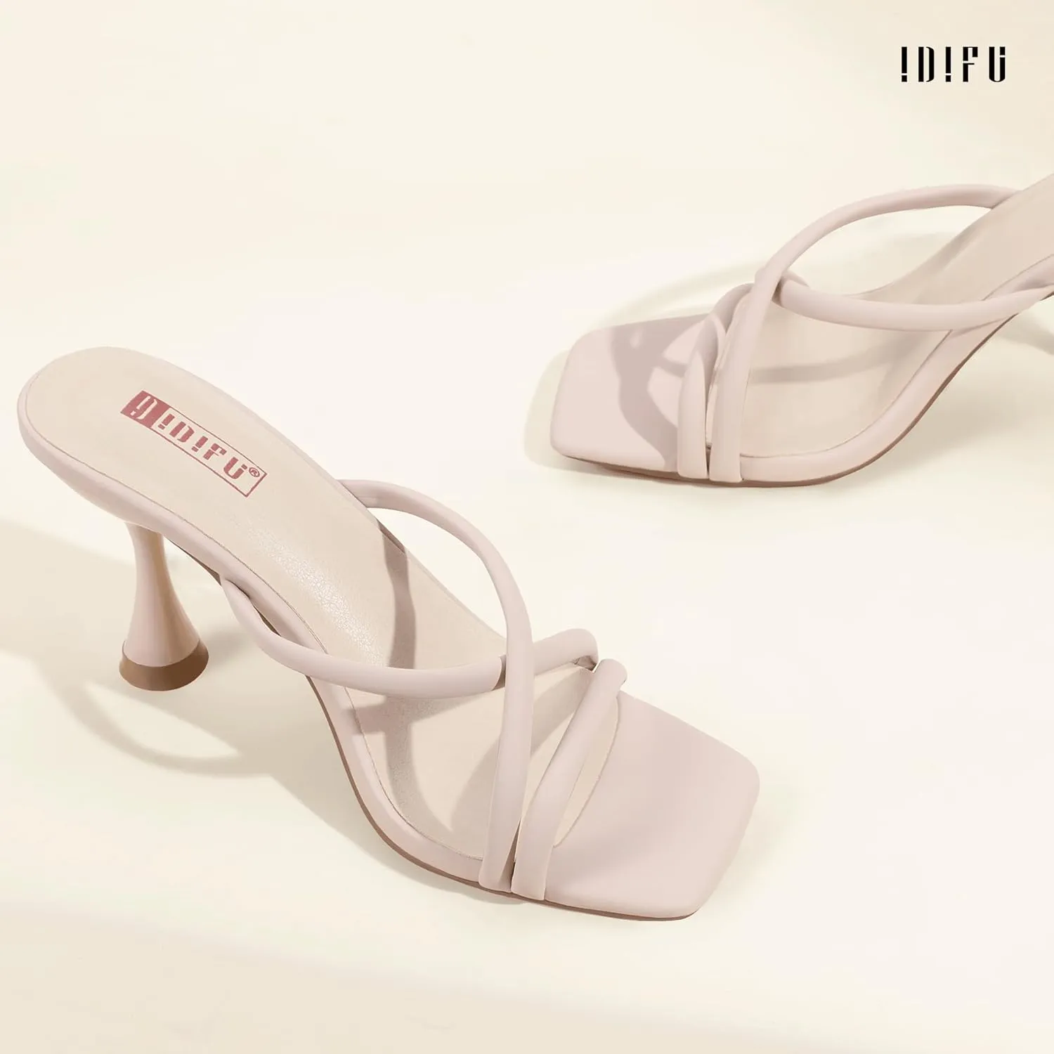 IDIFU IN3 Strappy Stiletto Kitten Heels Square Open Toe Heeled Sandals Comfortable Dressy Wedding Bridal Bride Prom Party Dress Shoes for Women Fashion Cute Casual Sexy Slides Slip on Mules Heels