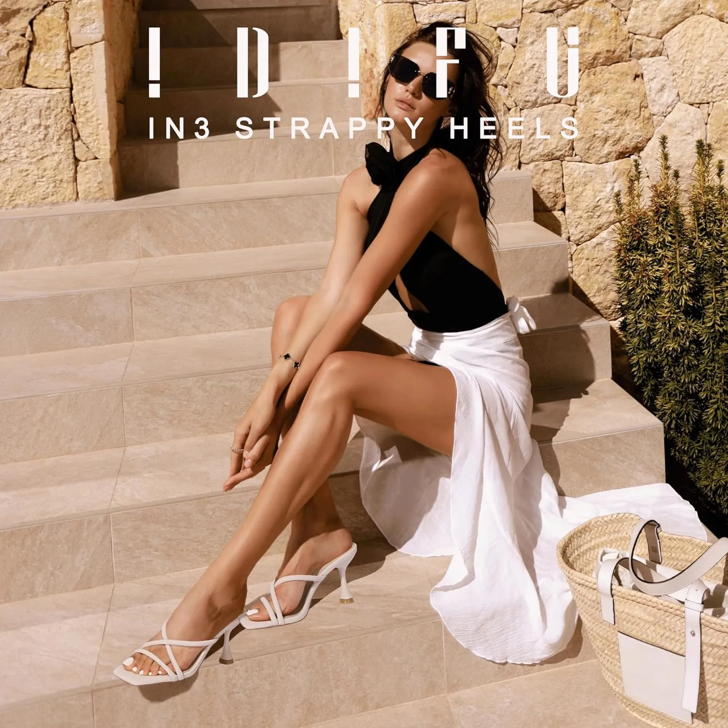 IDIFU IN3 Strappy Stiletto Kitten Heels Square Open Toe Heeled Sandals Comfortable Dressy Wedding Bridal Bride Prom Party Dress Shoes for Women Fashion Cute Casual Sexy Slides Slip on Mules Heels