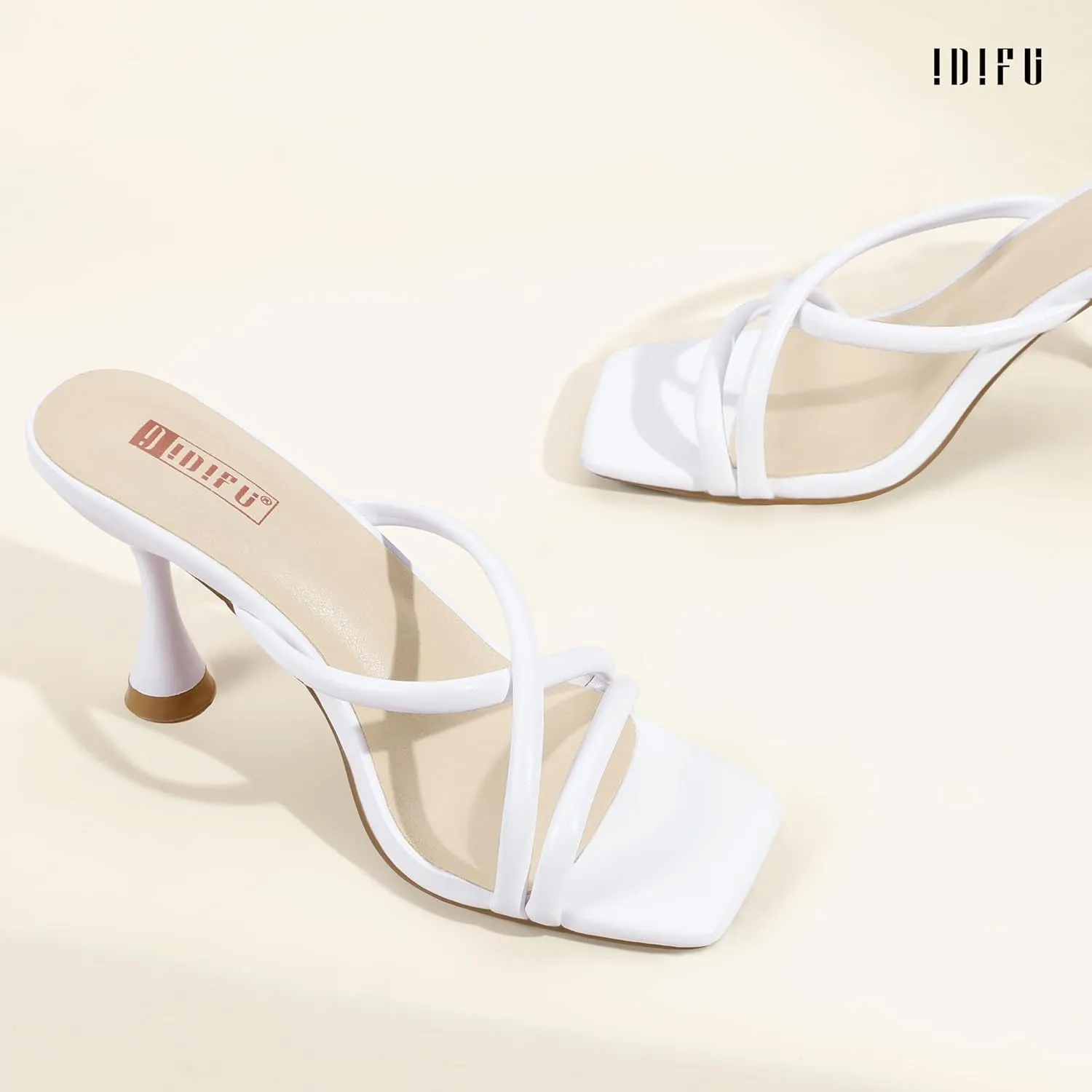 IDIFU IN3 Strappy Stiletto Kitten Heels Square Open Toe Heeled Sandals Comfortable Dressy Wedding Bridal Bride Prom Party Dress Shoes for Women Fashion Cute Casual Sexy Slides Slip on Mules Heels