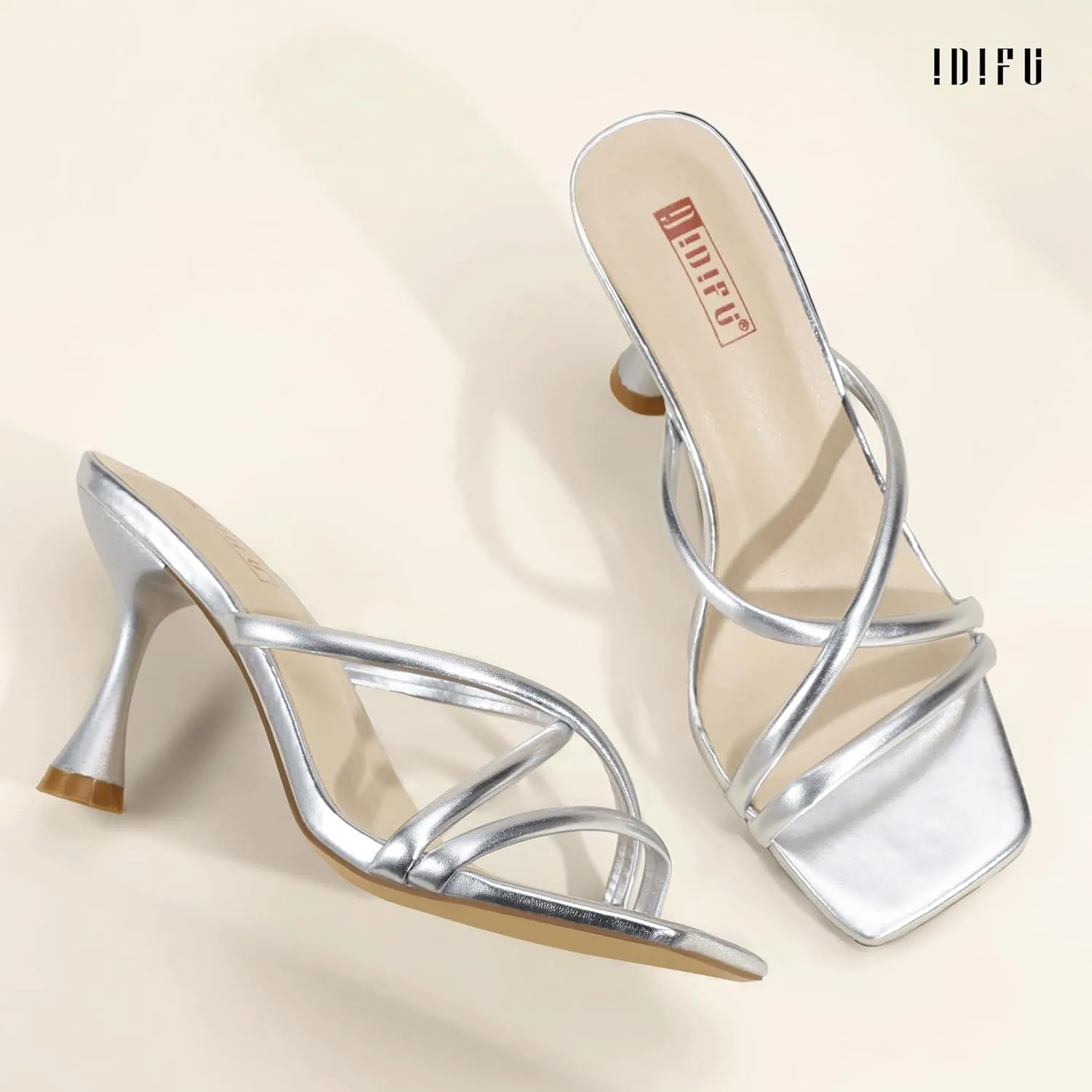 IDIFU IN3 Strappy Stiletto Kitten Heels Square Open Toe Heeled Sandals Comfortable Dressy Wedding Bridal Bride Prom Party Dress Shoes for Women Fashion Cute Casual Sexy Slides Slip on Mules Heels
