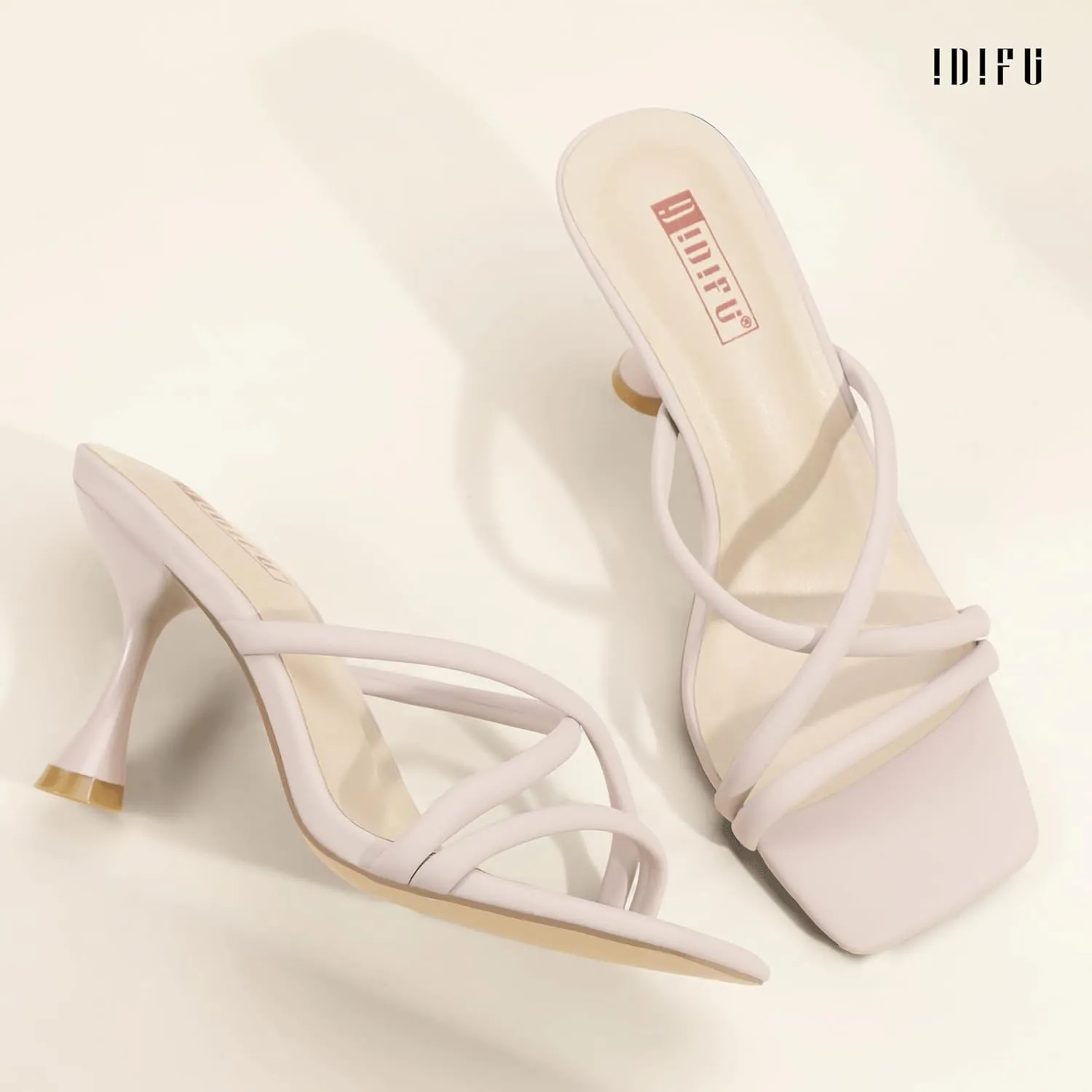 IDIFU IN3 Strappy Stiletto Kitten Heels Square Open Toe Heeled Sandals Comfortable Dressy Wedding Bridal Bride Prom Party Dress Shoes for Women Fashion Cute Casual Sexy Slides Slip on Mules Heels