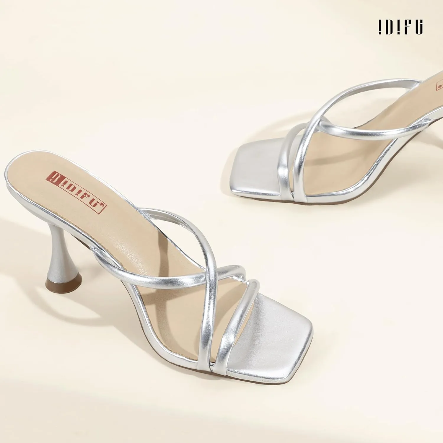 IDIFU IN3 Strappy Stiletto Kitten Heels Square Open Toe Heeled Sandals Comfortable Dressy Wedding Bridal Bride Prom Party Dress Shoes for Women Fashion Cute Casual Sexy Slides Slip on Mules Heels