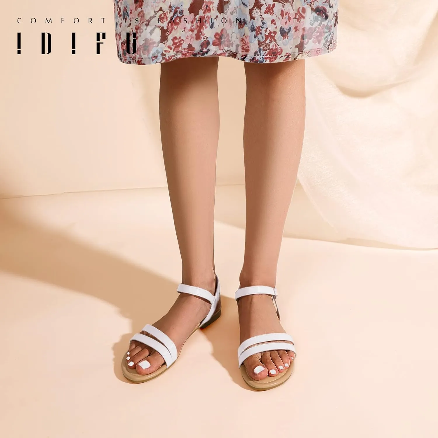 IDIFU Women's Flat Sandals Dressy Summer Strappy Sandals Open Toe Slingback Ankle Strap Dress Sandals with Two Toe Strap Wedding Prom Beach Bride Bridesmaid Sandals Comfortable Fashion Cute Sandals