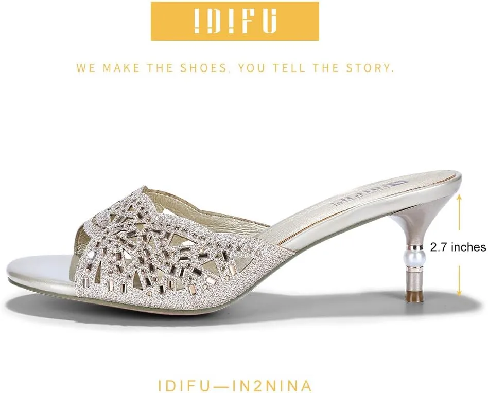 IDIFU Womens Silver Gold Wedding Shoes For Bride Bridesmaid Low Kitten Peep Toe Heels Dress Sandals Glitter Formal Slide Mules With Heel