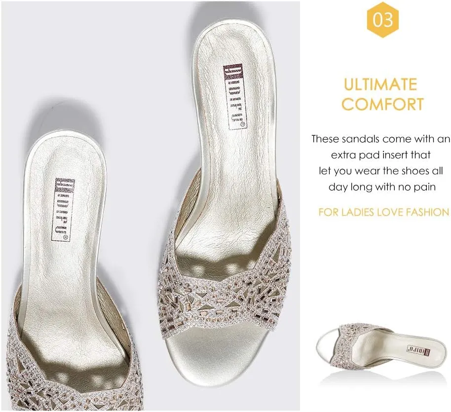 IDIFU Womens Silver Gold Wedding Shoes For Bride Bridesmaid Low Kitten Peep Toe Heels Dress Sandals Glitter Formal Slide Mules With Heel