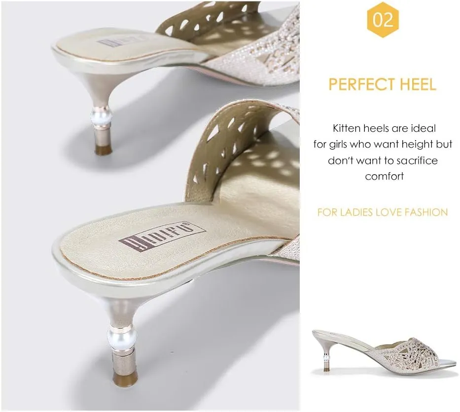 IDIFU Womens Silver Gold Wedding Shoes For Bride Bridesmaid Low Kitten Peep Toe Heels Dress Sandals Glitter Formal Slide Mules With Heel