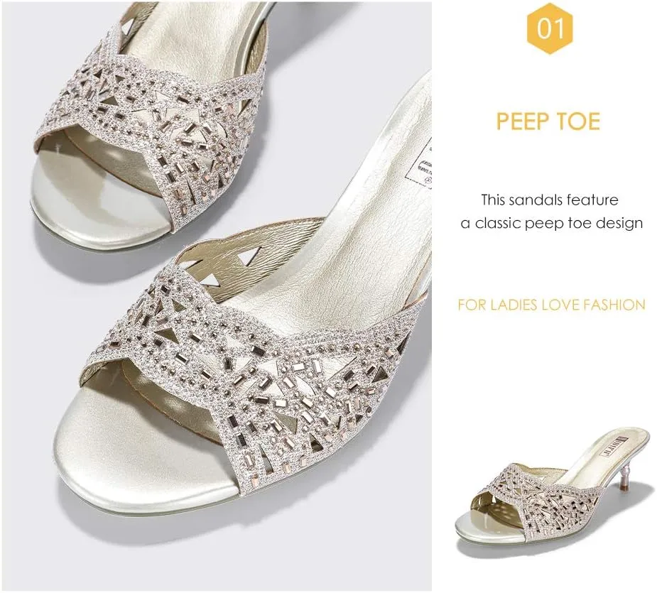 IDIFU Womens Silver Gold Wedding Shoes For Bride Bridesmaid Low Kitten Peep Toe Heels Dress Sandals Glitter Formal Slide Mules With Heel